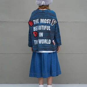 Cárdigan de punto extragrande con eslogan azul antracita # VDR.